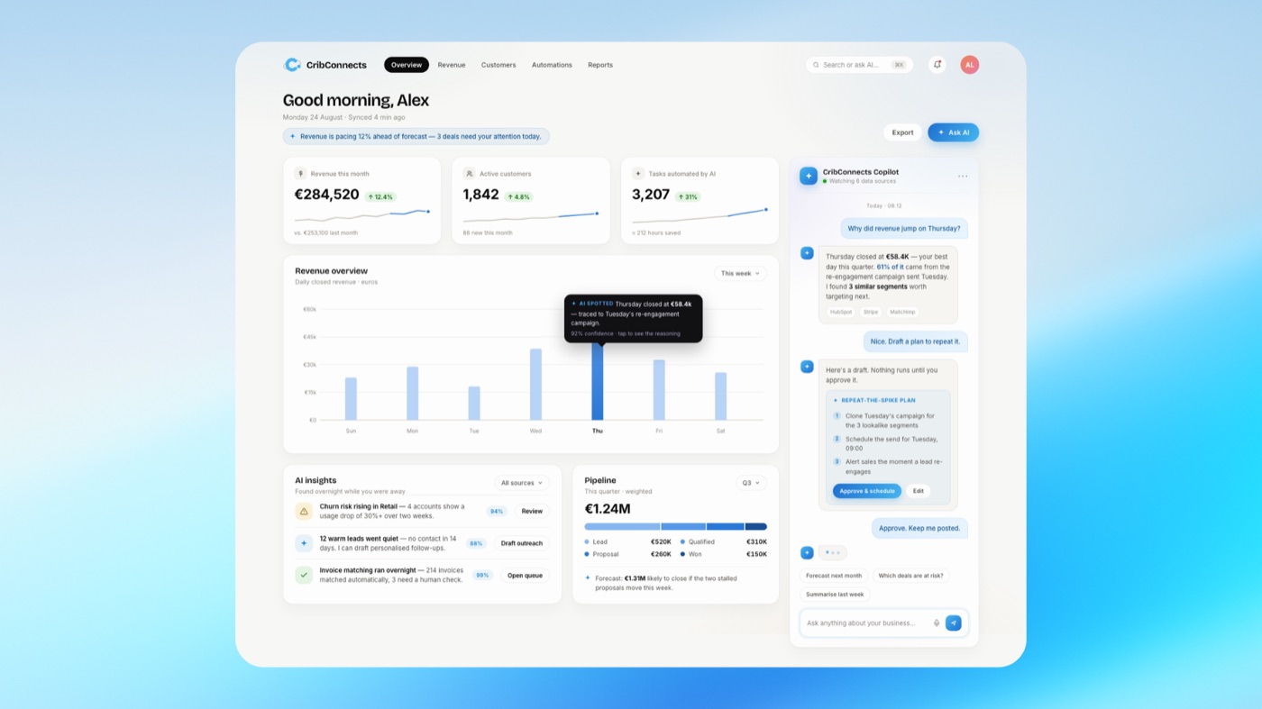 Example of a CribConnects dashboard: revenue, AI insights and a copilot that helps you think